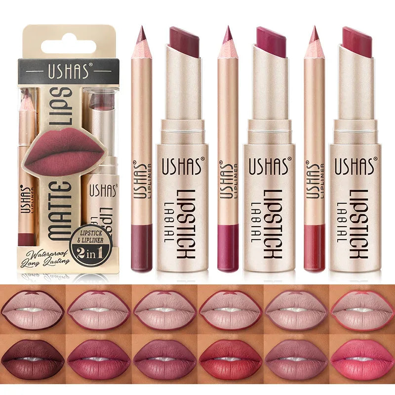 USHAS 12 Color Lip Liner + LIPSTICK Set Easy Coloring Matte Lipstick Long lasting nude red lipstick - My Vixen Vault