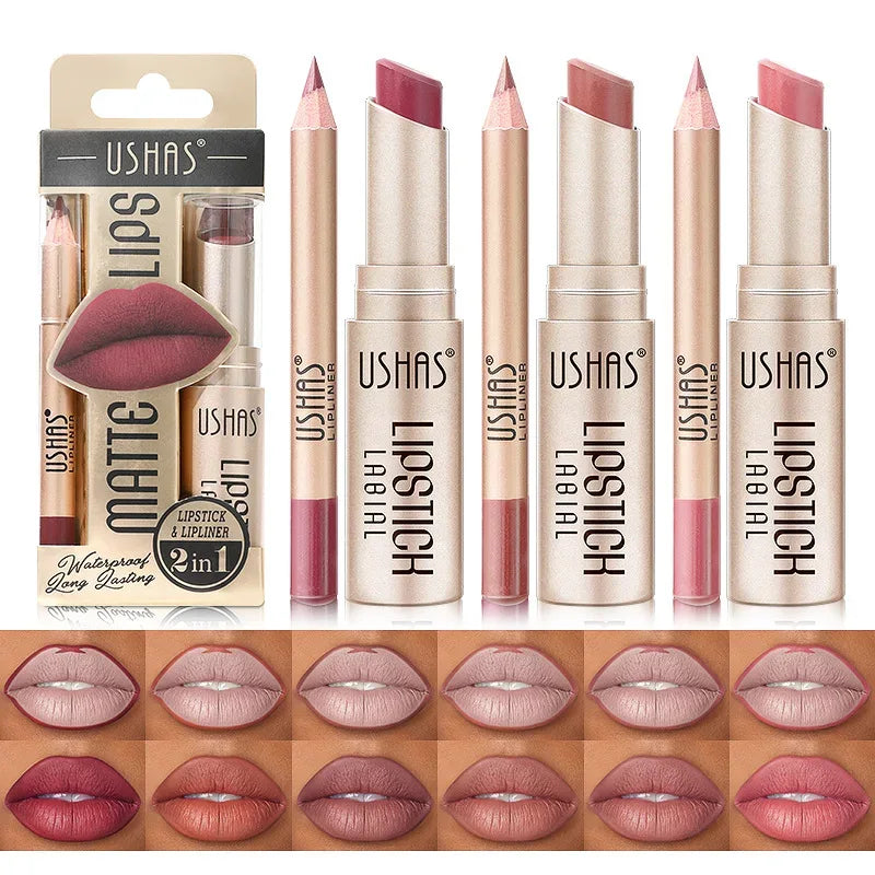USHAS 12 Color Lip Liner + LIPSTICK Set Easy Coloring Matte Lipstick Long lasting nude red lipstick - My Vixen Vault