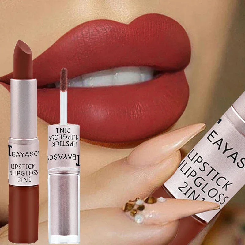 1Pc Long Lasting Velvet Matte Lipstick Double Head Lip Gloss Non-stick Cup Lip Gloss Waterproof 2 in 1 Matte Red Lipstick Makeup - My Vixen Vault