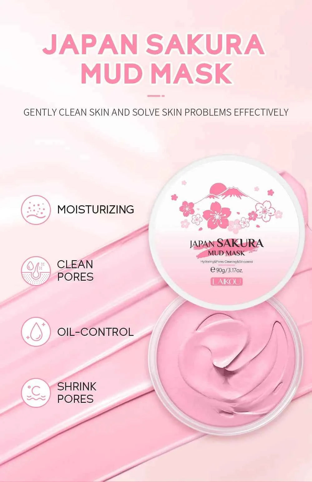 Laikou Sakura Mud Mask Deep Cleansing Oil Control Balance Antioxidan Shrink Pores Remove Blackheads Refreshing Facial Mask90/25g