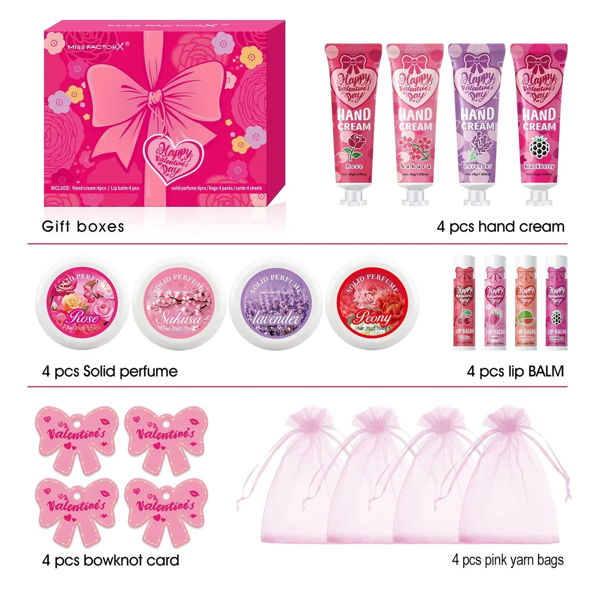Gift sets 20PCS/box bulk thank you gifts assembly distribution lip balm hand cream perfume pink gift bag and bow card.