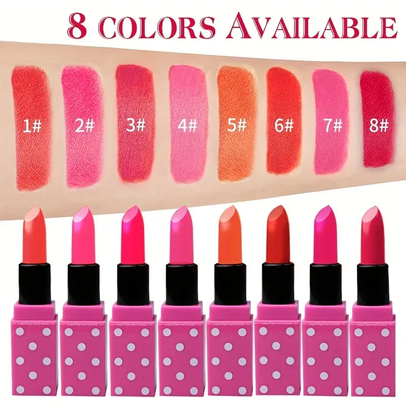 8 Colors Super Cute Girls Lipstick, Pink Polka Dots Design Long Lasting Non-fading Waterproof Velvet Lip Color, Non-Stick Cup - My Vixen Vault