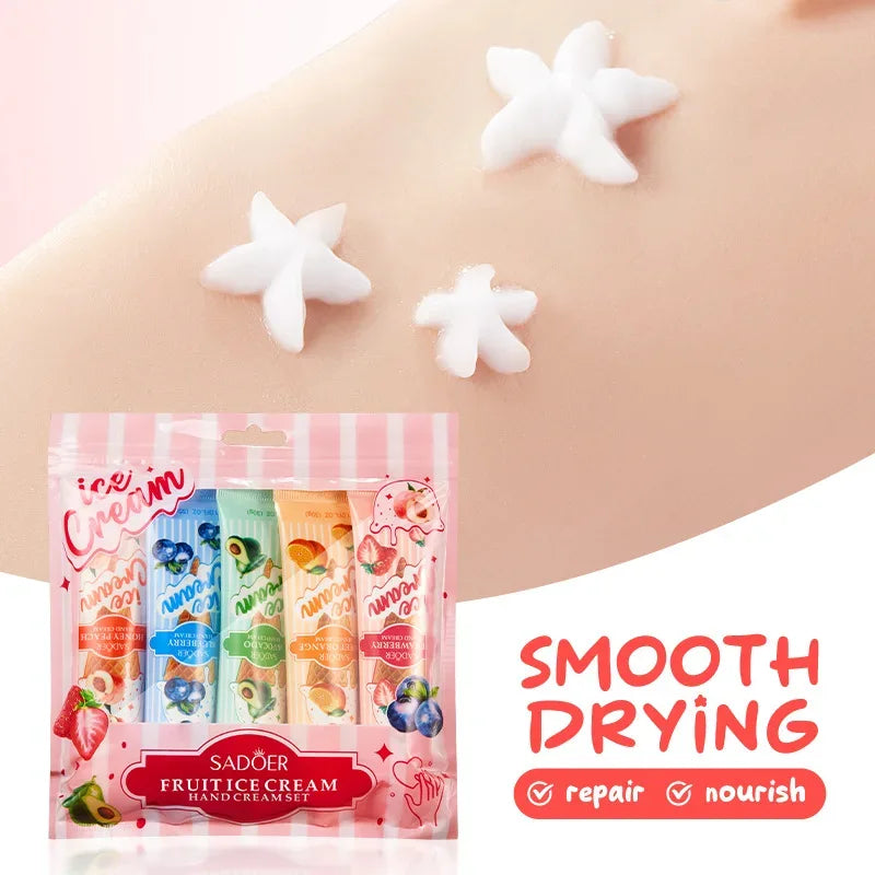 5pcs/set SADOER Fruit Ice Cream Hand Cream Moisturizing Nourishing Brightening Hydrating Hand Creams Hands Skin Care Products.