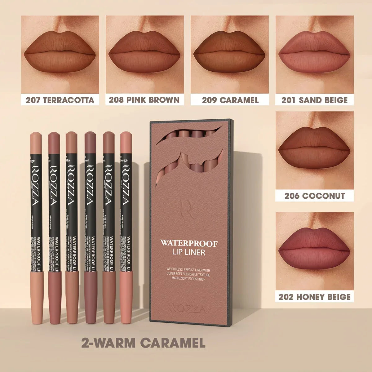 6pcs ROZZA Nude Lip Liner Set - Water-Resistant, Matte Finish Crayon Lip Pencils Non-Smudging & Easy-to-Apply - My Vixen Vault