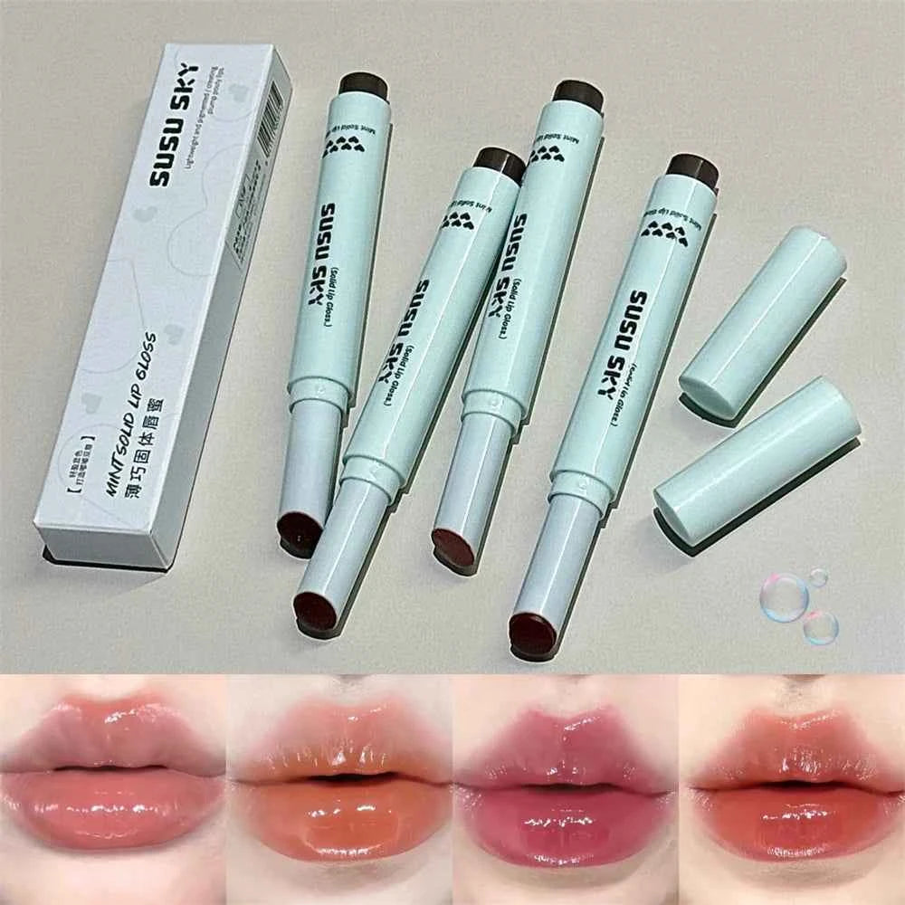 4 Colors Solid Lip Gloss Stick Mint Non-Sticky Glass Shine Lip Balm Hydrating Water Light Lipstick Tint Natural Look Makeup.