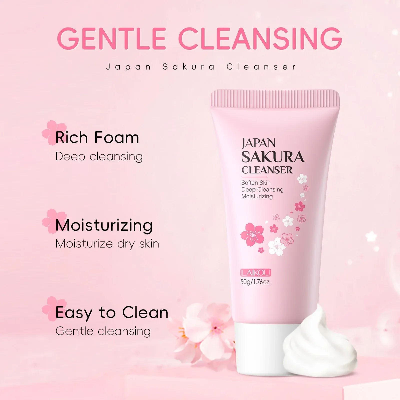 LAIKOU Sakura Cleanser Gentle Deep Cleaning Oil Control Moisturizing Shrink Pores Face Skin Care 50g Skin Cleanser All Skin Type - My Vixen Vault