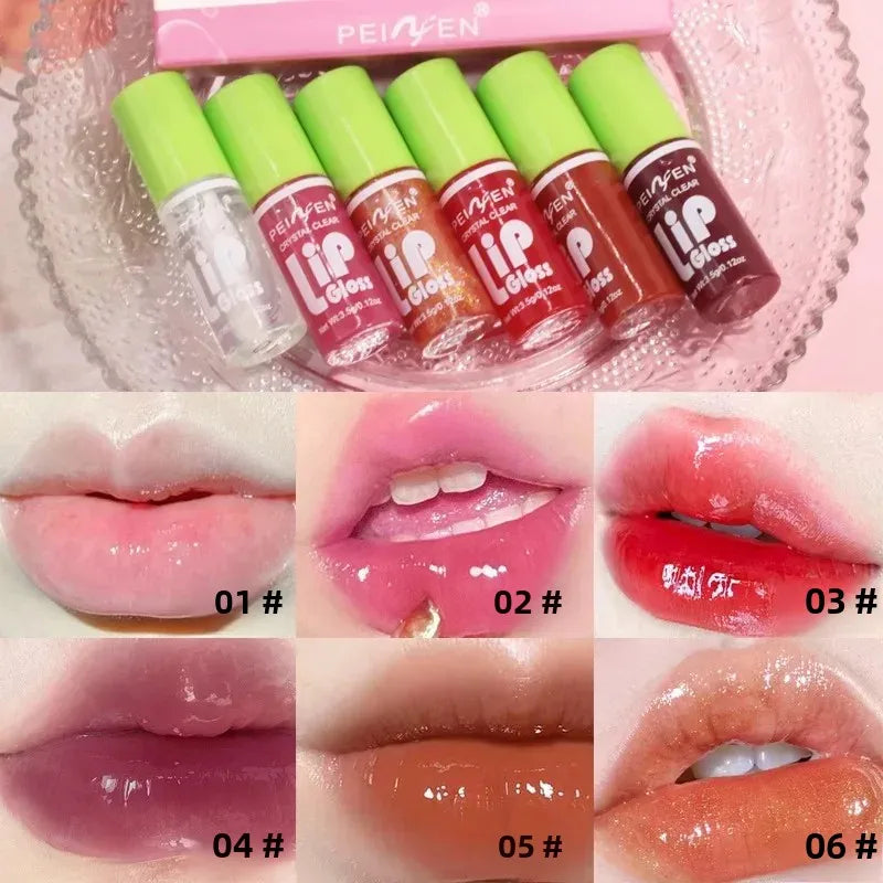 6 Pieces Glass Mirror Lip Gloss Set Hydrating Lightweight Lip Balm Glossy Shimmer Sheer Tint Peach Cherry Pink - Beauty Collection Studio