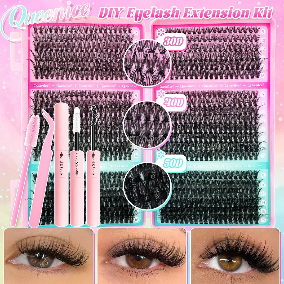 DIY Lash Extension Kit Clusters Individual Eyelashes Kit 9-16mm with Bond and Seal Wispy Natural Mange Lashes - My Vixen Vault