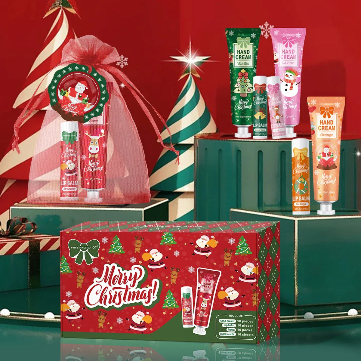 Christmas kit-10 sets/box hand cream kit, lip balm set, with Santa Card and red gift bag, party gift distribution.