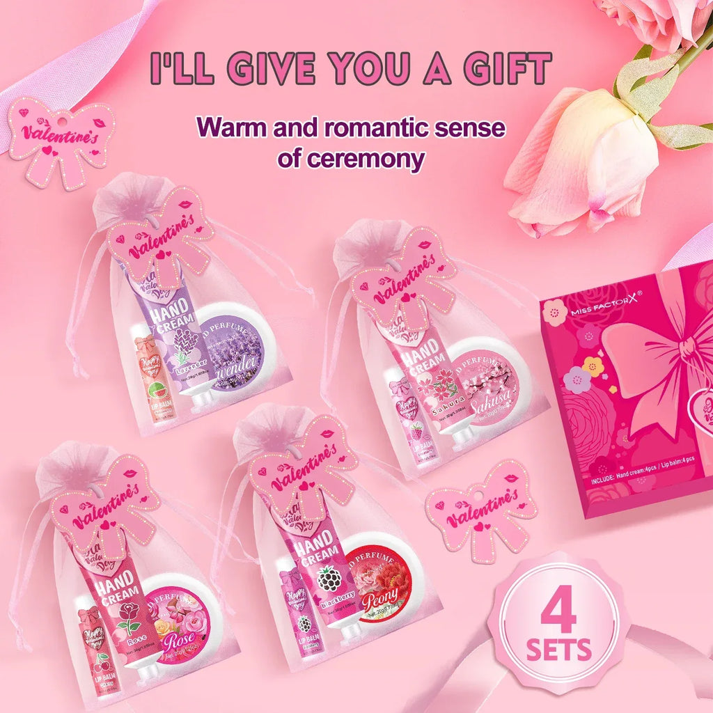 Gift sets 20PCS/box bulk thank you gifts assembly distribution lip balm hand cream perfume pink gift bag and bow card.