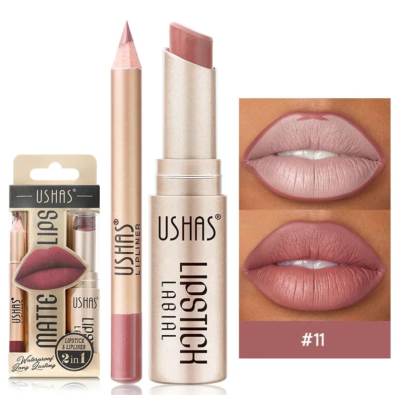 USHAS 12 Color Lip Liner + LIPSTICK Set Easy Coloring Matte Lipstick Long lasting nude red lipstick - My Vixen Vault