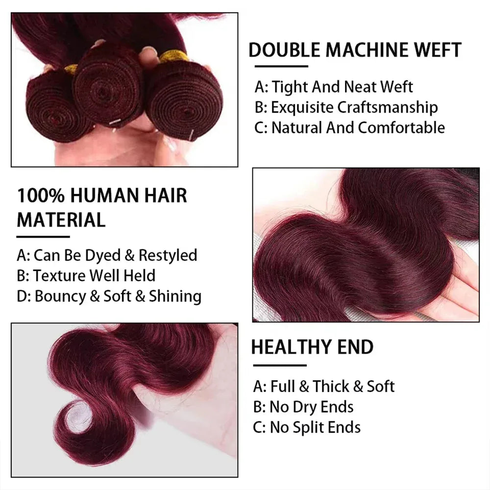 16A Burgundy 99j Body Wave Bundles Red Colored Human Hair Bundles 1/3/4 PCS Brazilian Virgin Hair Weave Extension For Women - My Vixen Vault