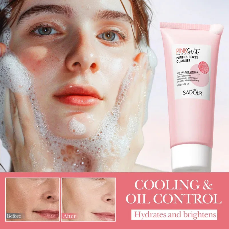 SADOER Himalayan Pink Salt Facial Cleanser Deep Cleansing Moisturizing Face Wash Foam Cleanser Face Cleansing Skin Care - ...