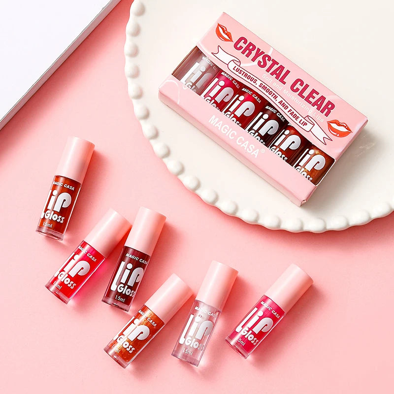 MAGIC CASA 6-Piece Set Water-Gloss Jelly Lip Oil - Plumping, Hydrating, Makeup Base, Long-Lasting Moisture - Beauty Collection Studio