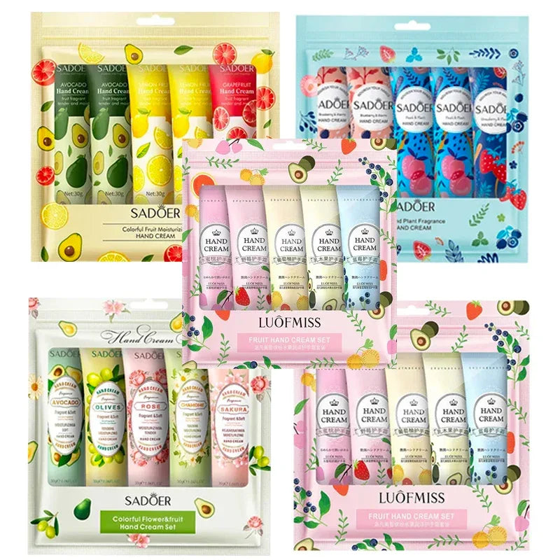 5Pcs/set Fruit Plant Fragrance Hand Cream Sets Moisturizing Repair Anti Dry Hand Lotion Sets Hands Skin Care Products.