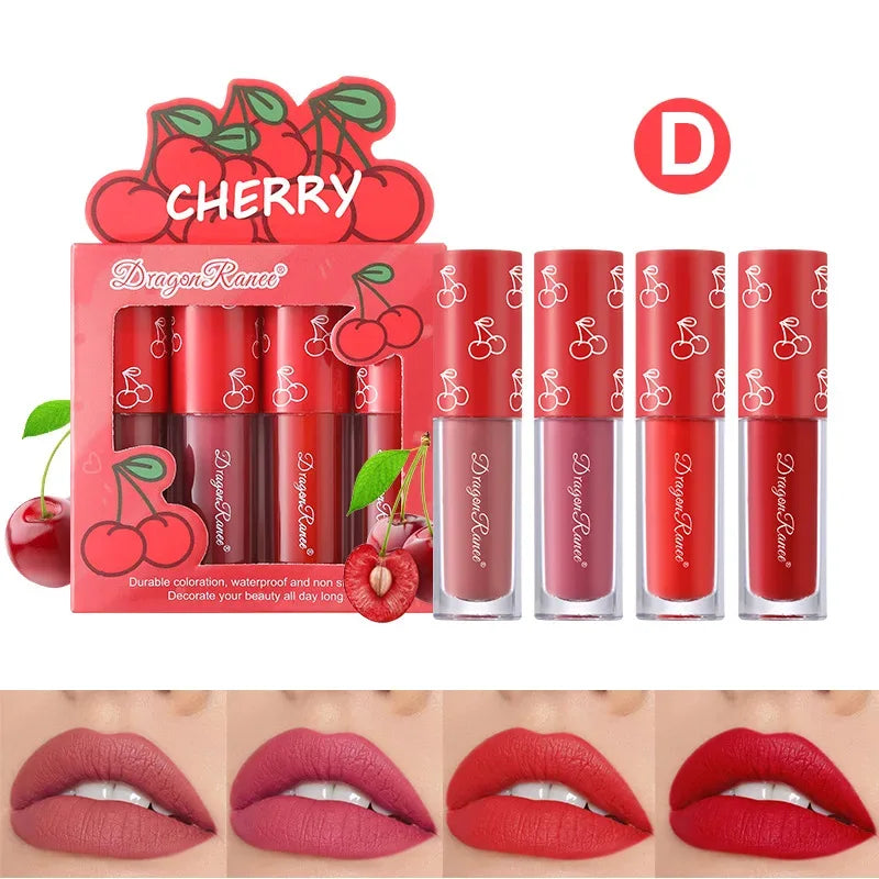 Mini Velvet Matte Lip Gloss Set, 4-Piece Non-Fading, Non-Stick Cup, Long-Lasting Fruit Scented Lip Tint, Smooth and Lightweight - My Vixen Vault