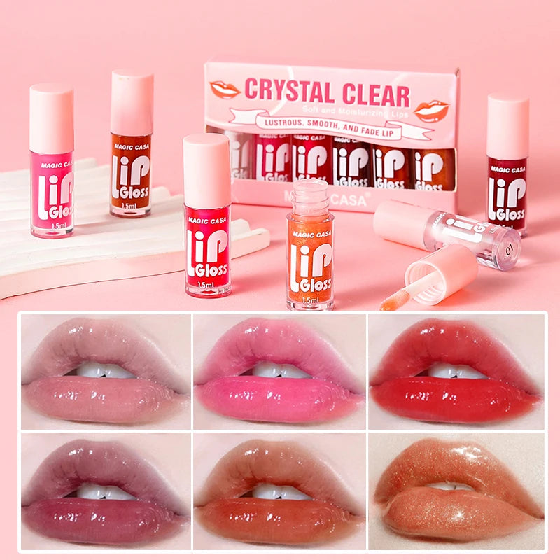 MAGIC CASA 6-Piece Set Water-Gloss Jelly Lip Oil - Plumping, Hydrating, Makeup Base, Long-Lasting Moisture - Beauty Collection Studio