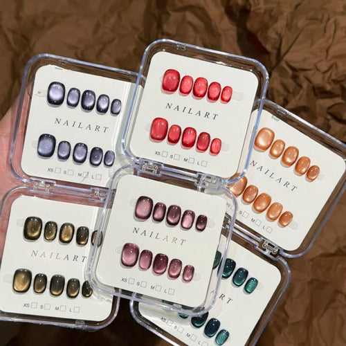 10PCS Vintage Wine Red Cat's Eye Effect Imitation Crystal Sparkling Glass Beads Detachable Handmade Press-on Short Fake Nails - Beauty Collection Studio