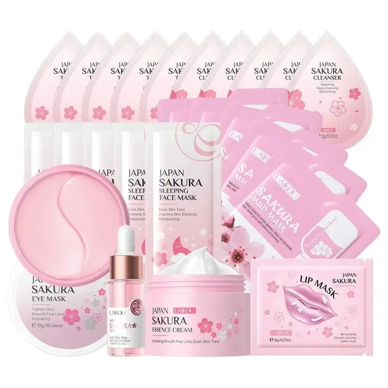 24pcs Sakura Skin Care Set Eye & Lip Masks Serum Nud Masks Cleanser Toner Essence Cream Moisturizing Smoothing Nourishing Beauty - My Vixen Vault