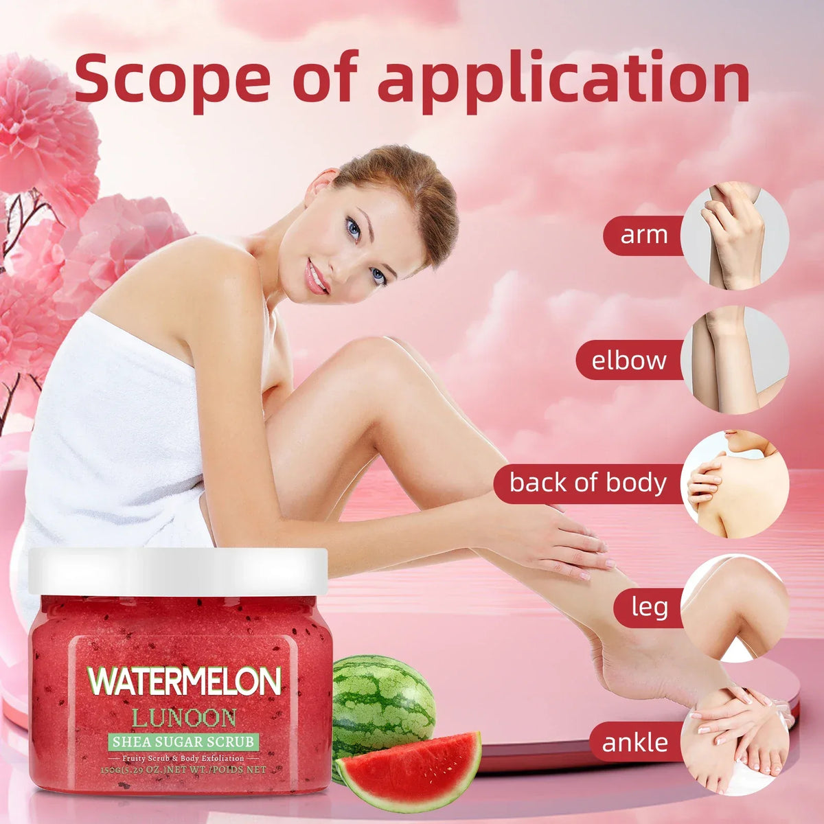 Natural Watermelon Shea Sugar Scrub 150g - Body Exfoliator, Moisturizing, Smooth & Glowing Skin, For Elbows, Knees, Back & Legs - My Vixen Vault