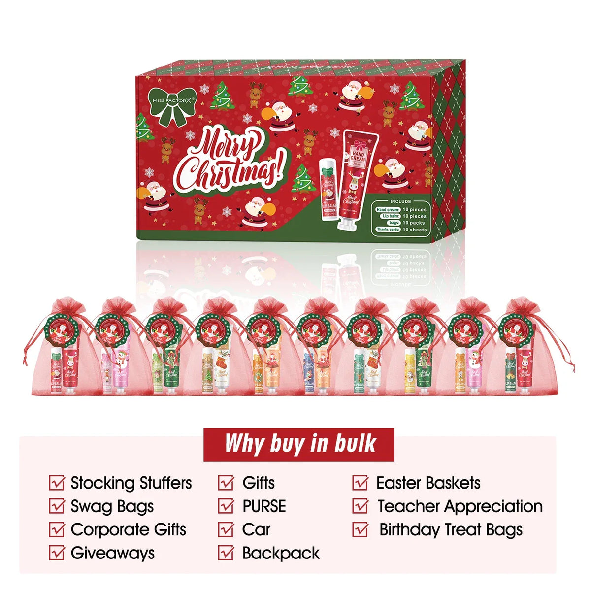 Christmas kit-10 sets/box hand cream kit, lip balm set, with Santa Card and red gift bag, party gift distribution.