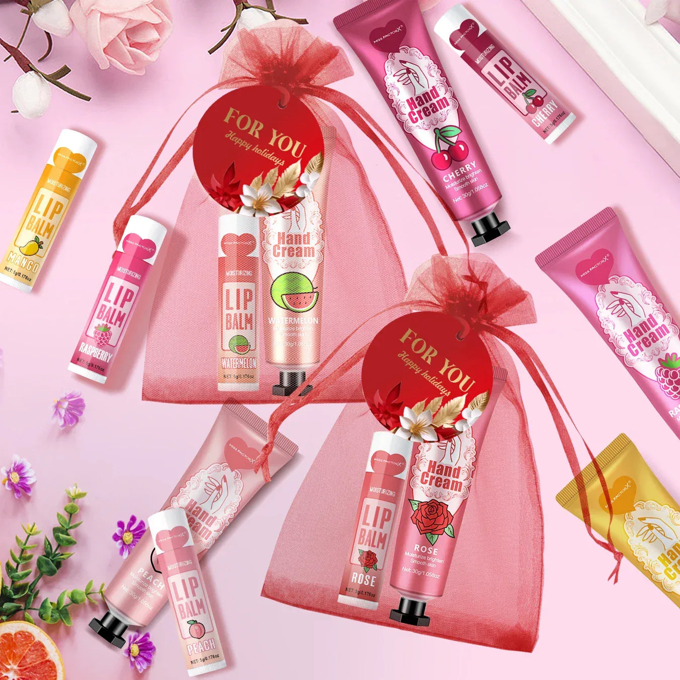 96pcs gift set hand cream and lip balm, with thank you card and organza bag, suitable for wedding, ladies party.