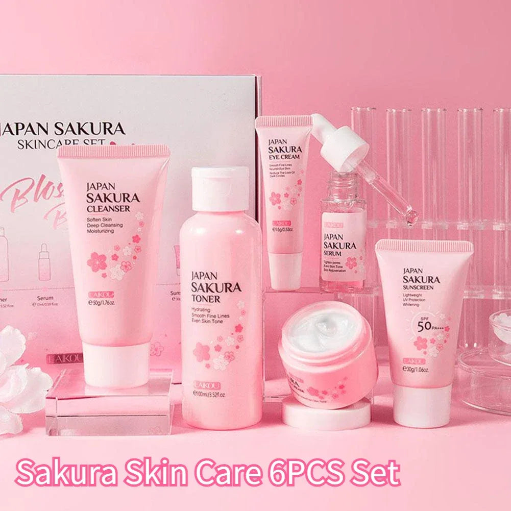 6pcs/Set Sakura Skin Care Sets Face Cream Serum Toner Facial Cleanser Sunscreen Eye Cream Face Skin Care Set Product Gift box.