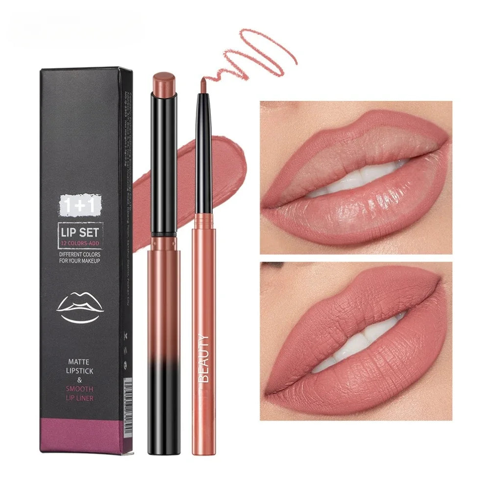 Lipliner Pencil Lipstick Set Matte Nude Red Contour Tint Lipstick Long Lasting Non-stick Cup Lipliner Makeup Lip Stain Pen - Beauty Collection Studio