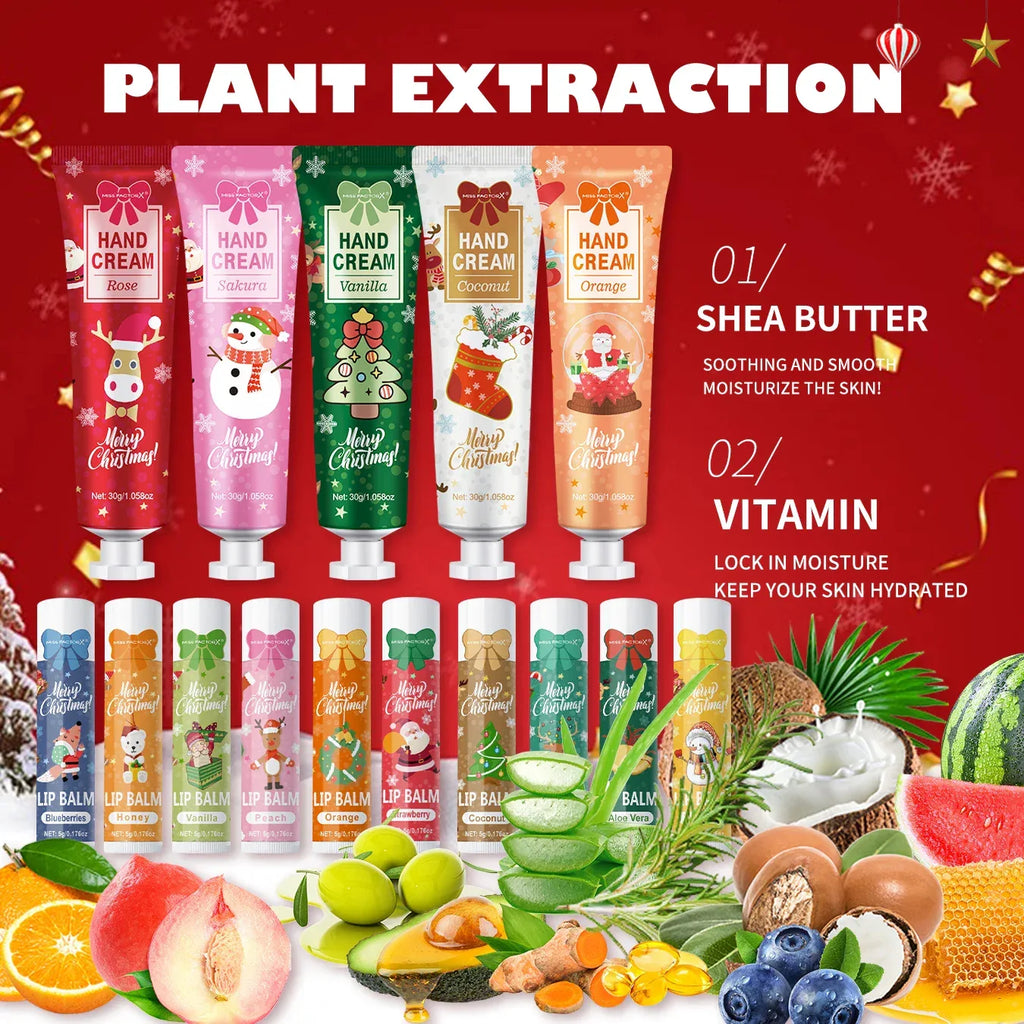 Christmas gift set distribution 120PCS/box in bulk, lip balm in bulk, hand cream in bulk, Christmas cards, gift gauze bags.