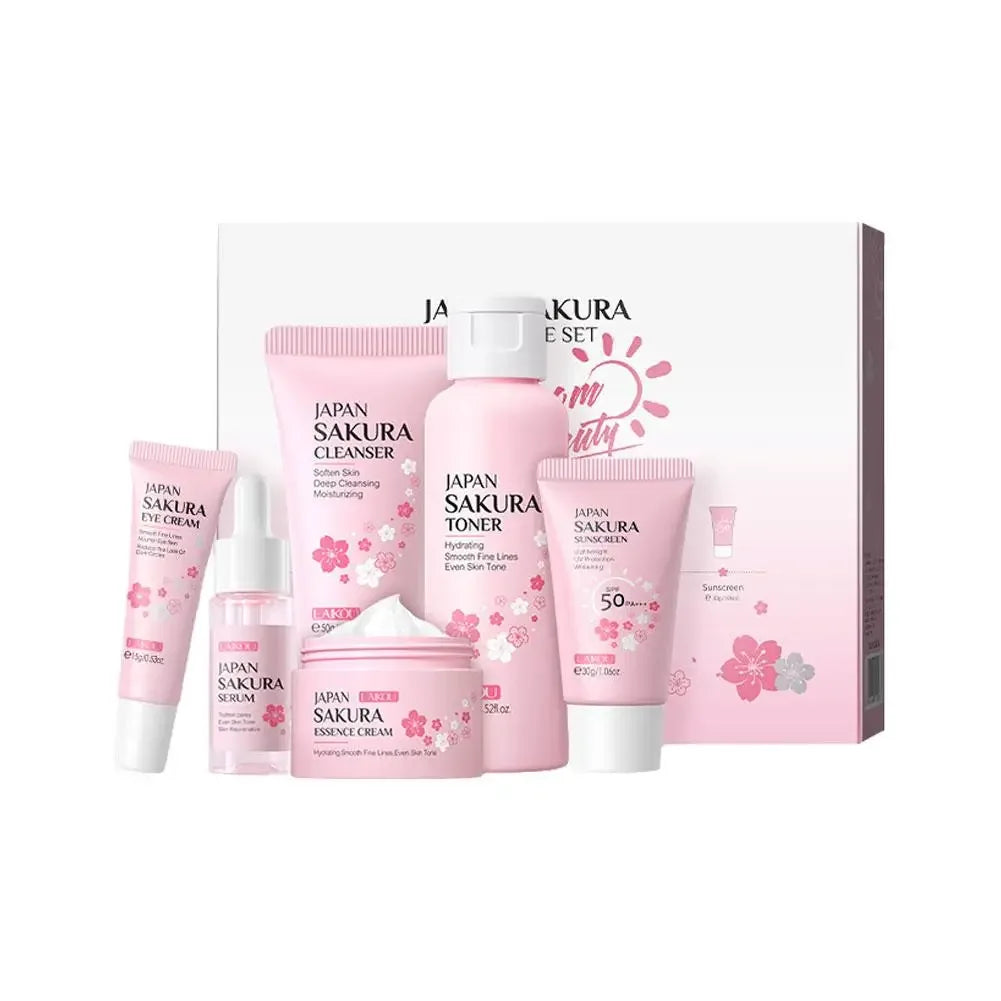 6pcs/Set Sakura Skin Care Sets Face Cream Serum Toner Facial Cleanser Sunscreen Eye Cream Face Skin Care Set Product Gift box.