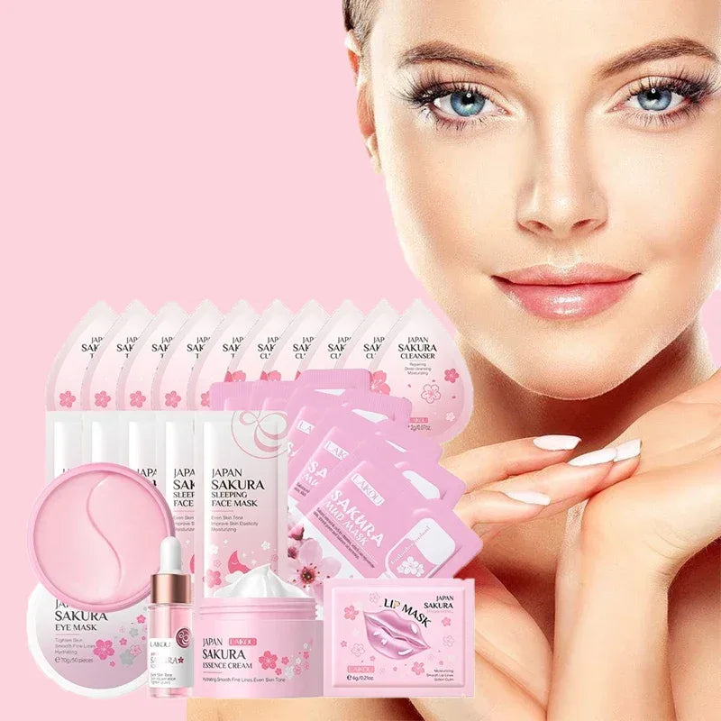 24pcs Sakura Skin Care Set Eye & Lip Masks Serum Nud Masks Cleanser Toner Essence Cream Moisturizing Smoothing Nourishing Beauty - My Vixen Vault