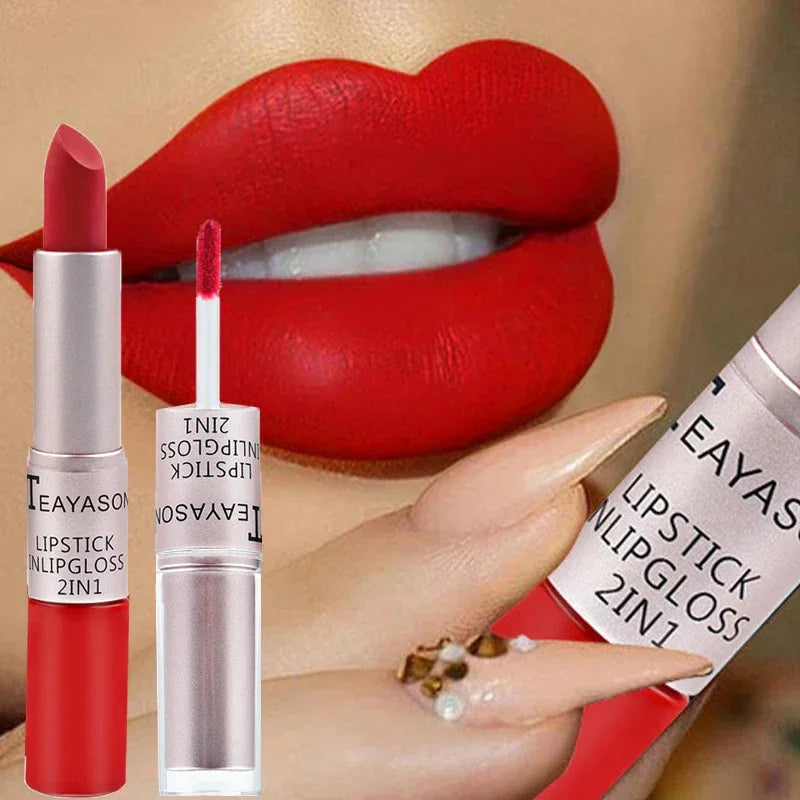 1Pc Long Lasting Velvet Matte Lipstick Double Head Lip Gloss Non-stick Cup Lip Gloss Waterproof 2 in 1 Matte Red Lipstick Makeup - My Vixen Vault