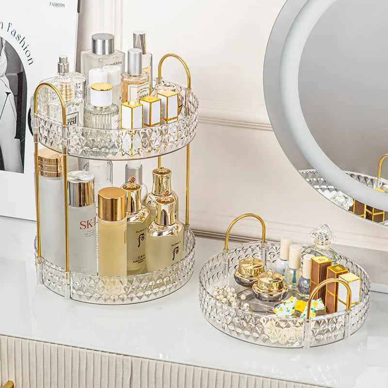 360° Rotating Cosmetic Organizer 3 Tier Transparent Diamond Pattern Cosmetic Rack Bathroom Cosmetic Vanity Organizer Countertop.