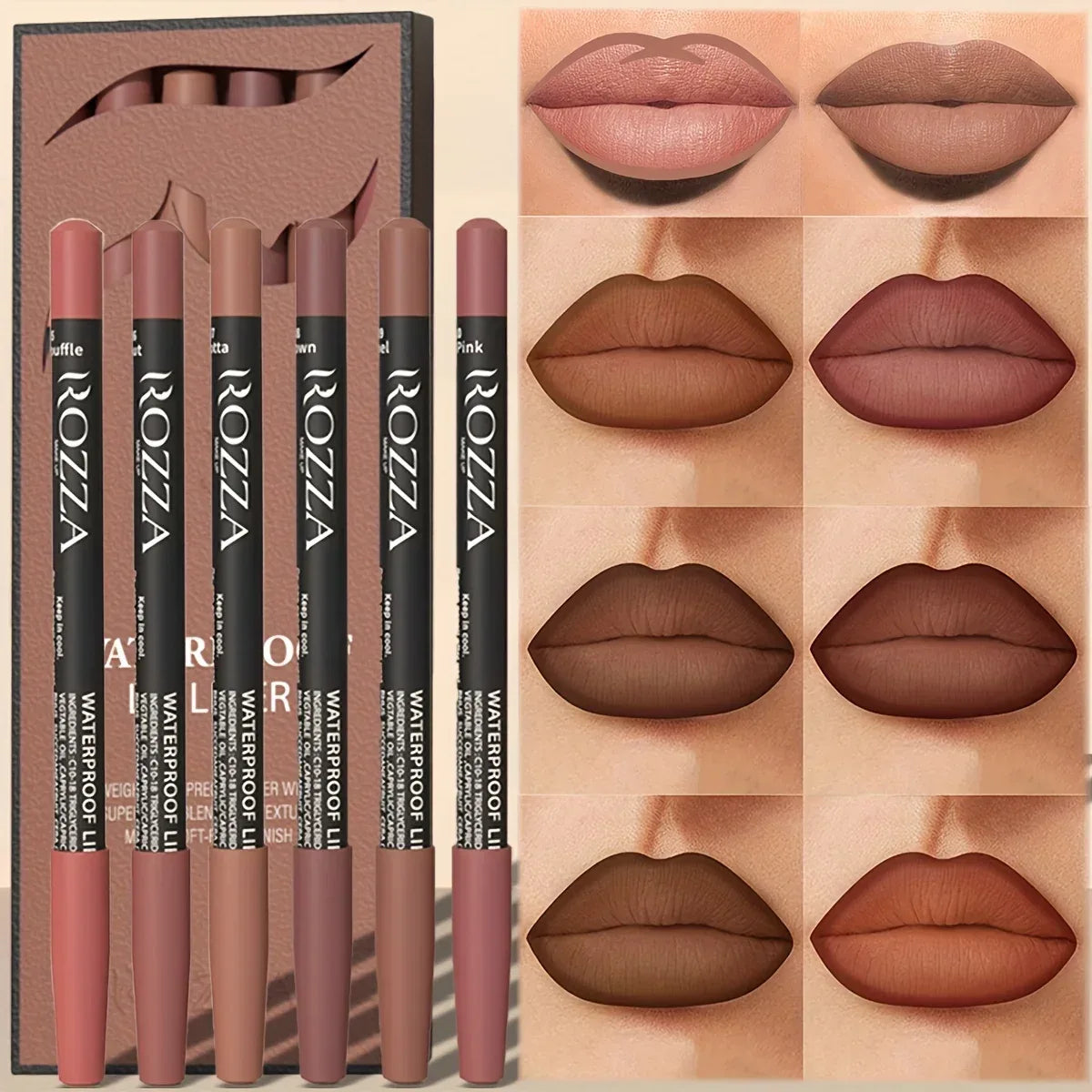 6pcs ROZZA Nude Lip Liner Set - Water-Resistant, Matte Finish Crayon Lip Pencils Non-Smudging & Easy-to-Apply - My Vixen Vault