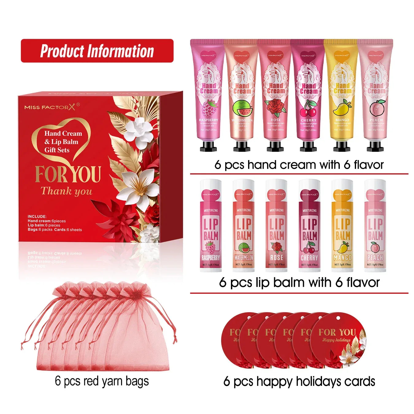 24PCS/box lip balm in bulk, hand cream in bulk thank you card and red gauze bag, wedding gift to guests, Christmas and New Year.