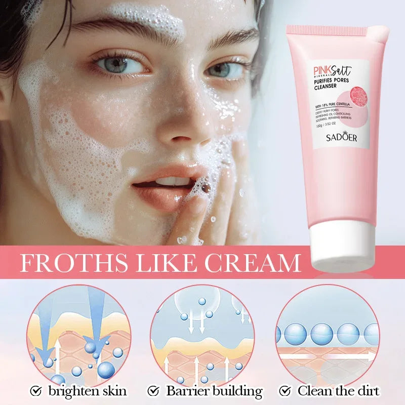 SADOER Himalayan Pink Salt Facial Cleanser Deep Cleansing Moisturizing Face Wash Foam Cleanser Face Cleansing Skin Care - ...