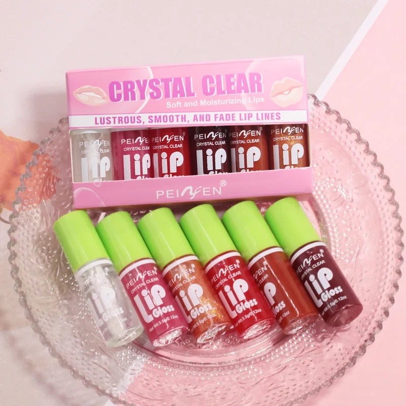6 Pieces Glass Mirror Lip Gloss Set Hydrating Lightweight Lip Balm Glossy Shimmer Sheer Tint Peach Cherry Pink - Beauty Collection Studio