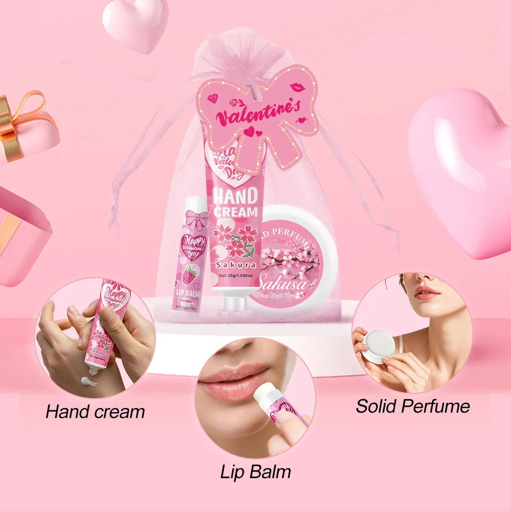 Gift sets 20PCS/box bulk thank you gifts assembly distribution lip balm hand cream perfume pink gift bag and bow card.