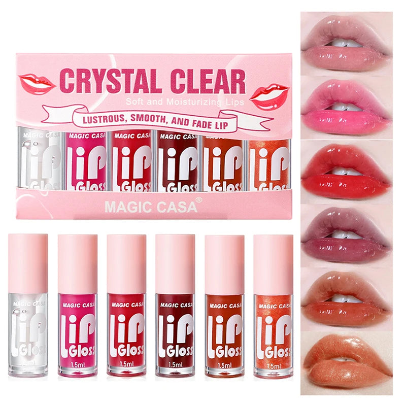 MAGIC CASA 6-Piece Set Water-Gloss Jelly Lip Oil - Plumping, Hydrating, Makeup Base, Long-Lasting Moisture - Beauty Collection Studio