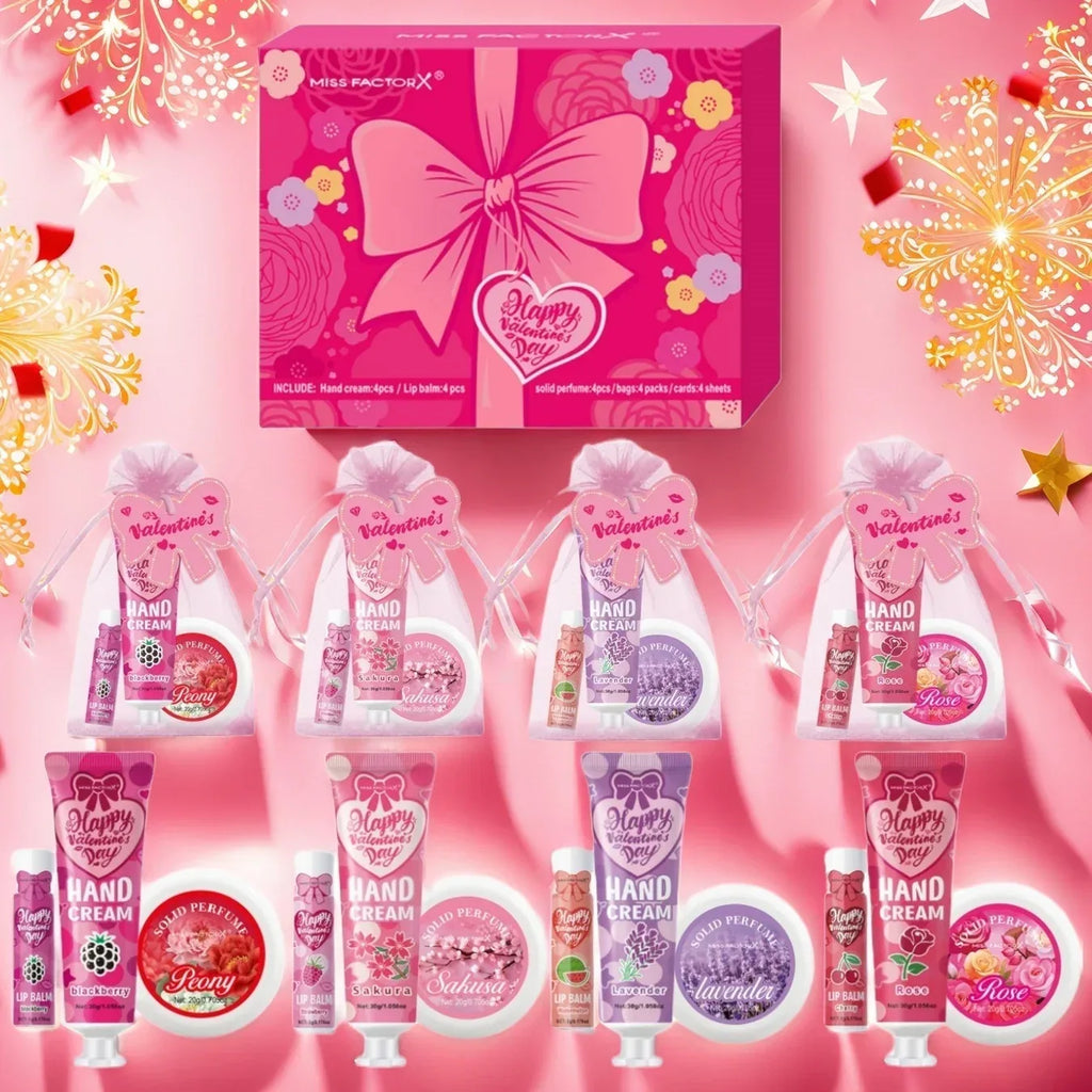 Gift sets 20PCS/box bulk thank you gifts assembly distribution lip balm hand cream perfume pink gift bag and bow card.