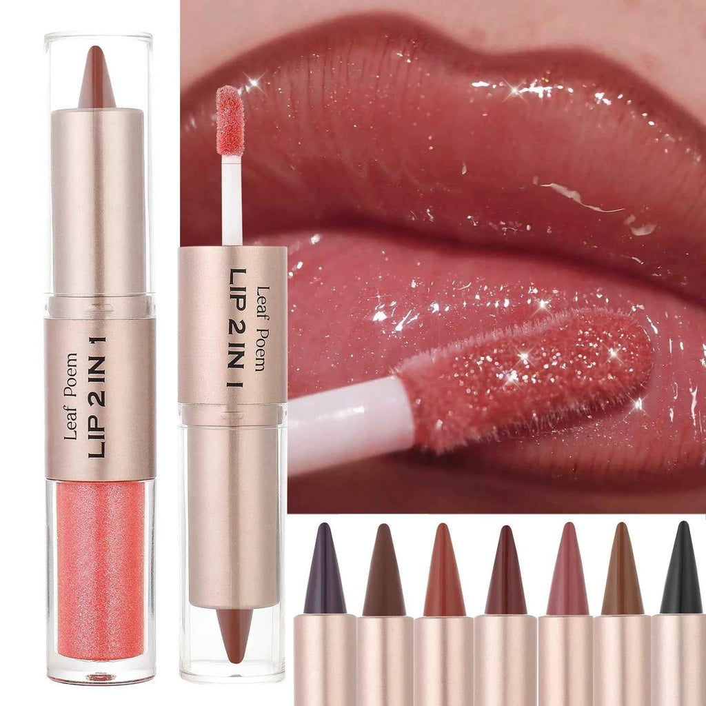 2 IN 1 Nude Brown Pink Mirror Lip Gloss Tapered Gradient Lipliner Contour Pencil Matte Lip Liner Waterproof Sexy Lipstick Makeup.