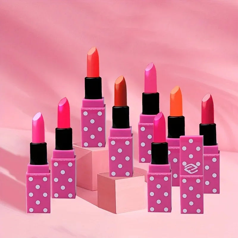 8 Colors Super Cute Girls Lipstick, Pink Polka Dots Design Long Lasting Non-fading Waterproof Velvet Lip Color, Non-Stick Cup - My Vixen Vault