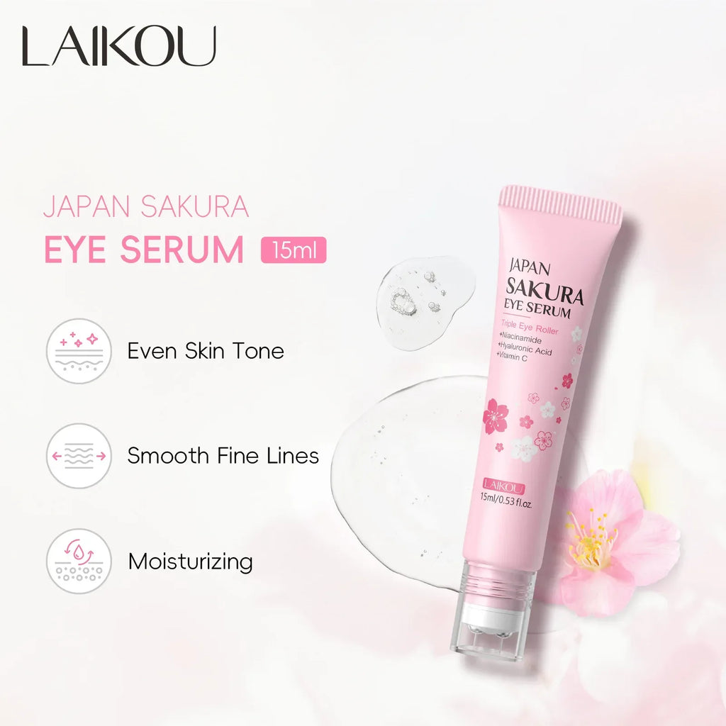 LAIKOU Sakura Eye Serum Roller Massage Hyaluronic Acid Skin Care Eye Bags Cream Moisturizing Dark Circles 15ml - My Vixen Vault