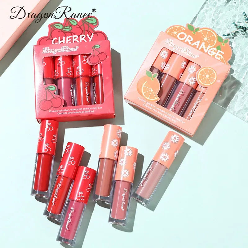 Mini Velvet Matte Lip Gloss Set, 4-Piece Non-Fading, Non-Stick Cup, Long-Lasting Fruit Scented Lip Tint, Smooth and Lightweight - My Vixen Vault