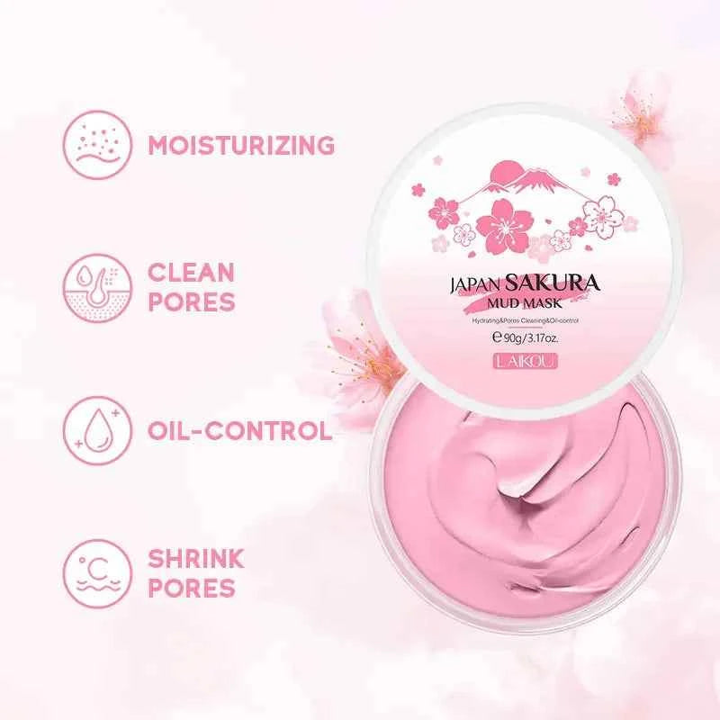 Laikou Sakura Mud Mask Deep Cleansing Oil Control Balance Antioxidan Shrink Pores Remove Blackheads Refreshing Facial Mask90/25g