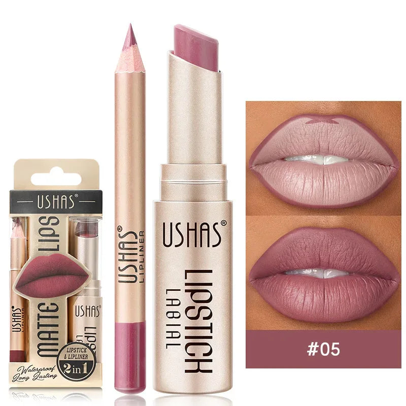 USHAS 12 Color Lip Liner + LIPSTICK Set Easy Coloring Matte Lipstick Long lasting nude red lipstick - My Vixen Vault