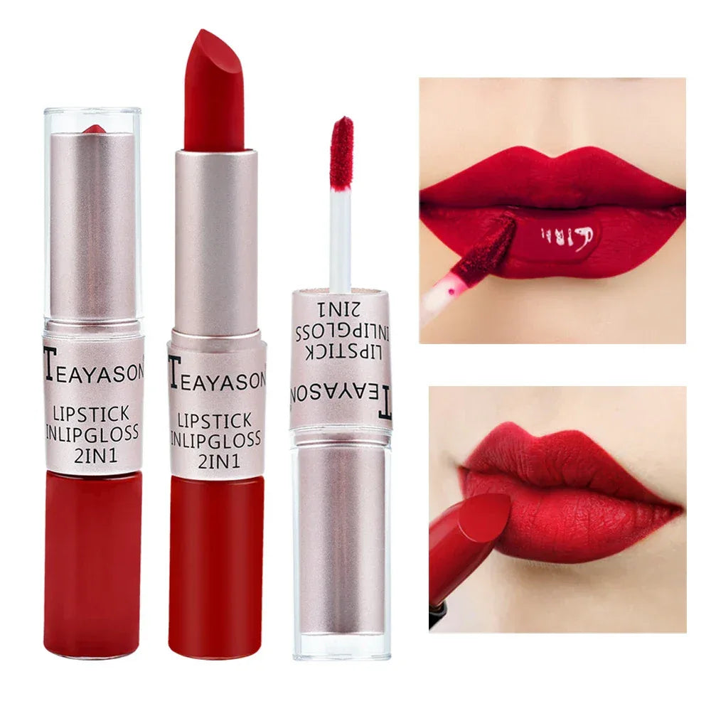 1Pc Long Lasting Velvet Matte Lipstick Double Head Lip Gloss Non-stick Cup Lip Gloss Waterproof 2 in 1 Matte Red Lipstick Makeup - My Vixen Vault
