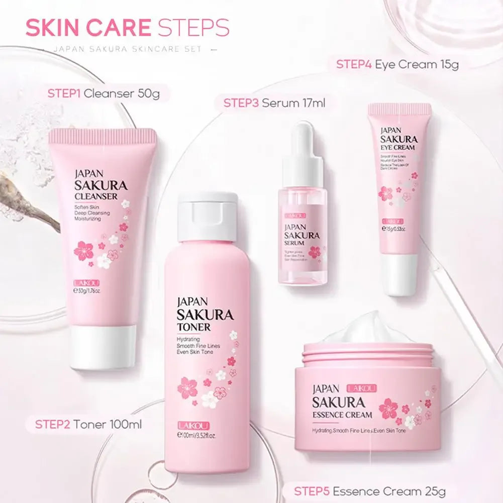 LAIKOU Sakura Skin Care Set Facial Cleanser Eye Creams Face Cream Serum Lotion Toner Moisturizing Face Care Kit - My Vixen Vault