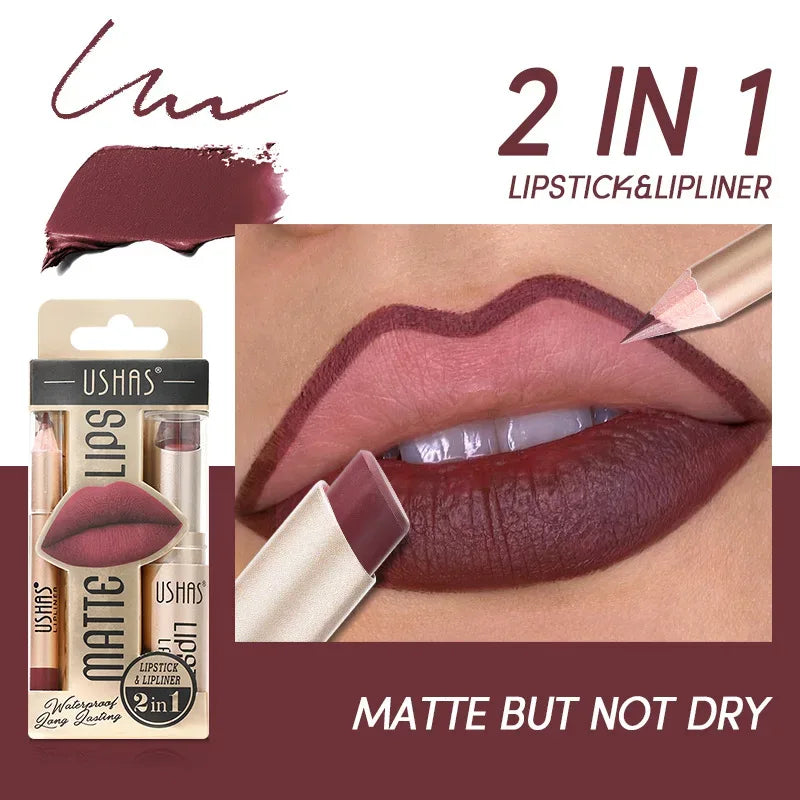 USHAS 12 Color Lip Liner + LIPSTICK Set Easy Coloring Matte Lipstick Long lasting nude red lipstick - My Vixen Vault