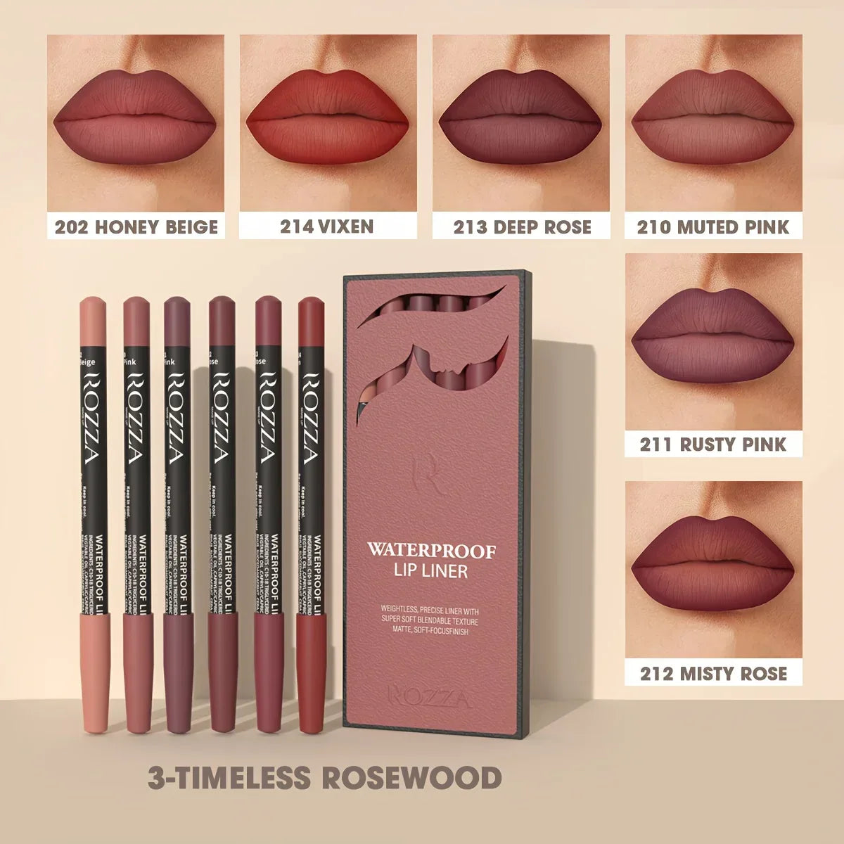 6pcs ROZZA Nude Lip Liner Set - Water-Resistant, Matte Finish Crayon Lip Pencils Non-Smudging & Easy-to-Apply - My Vixen Vault